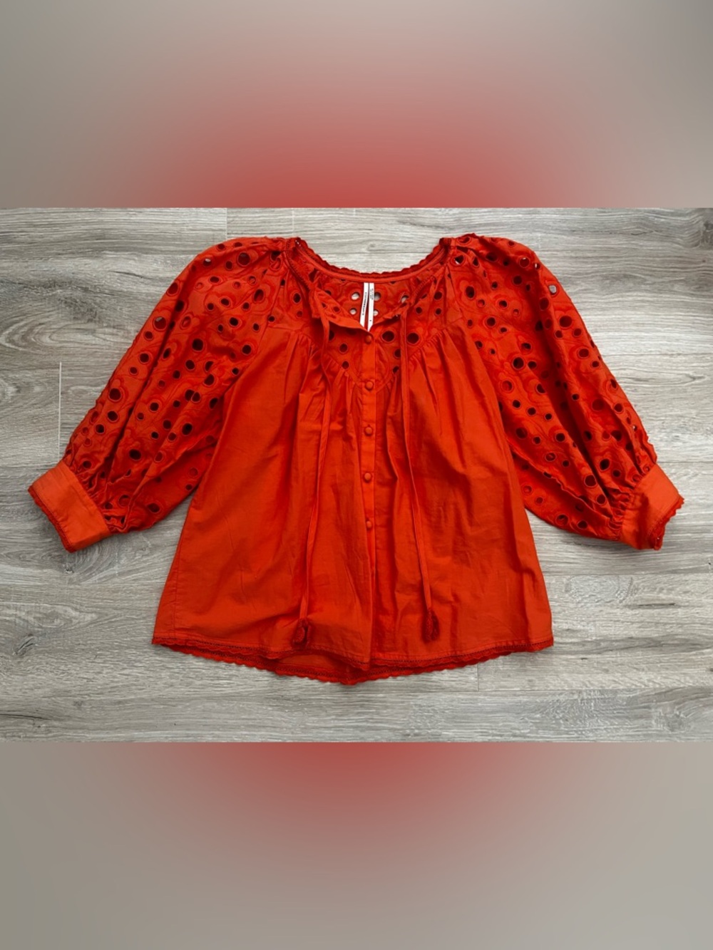 Anthropologie Women’s Chantal Orange Red Eyelet Puff-Sleeve Button Blouse Small - Picture 3 of 12